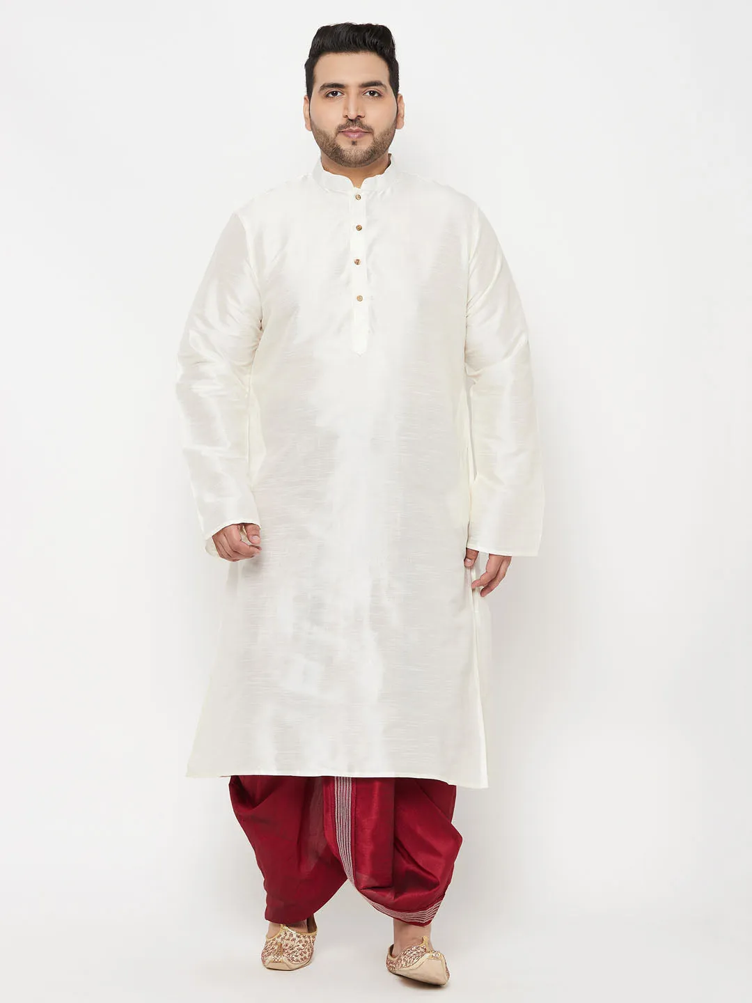 VASTRAMAY Cream Silk Blend Kurta Dhoti Set