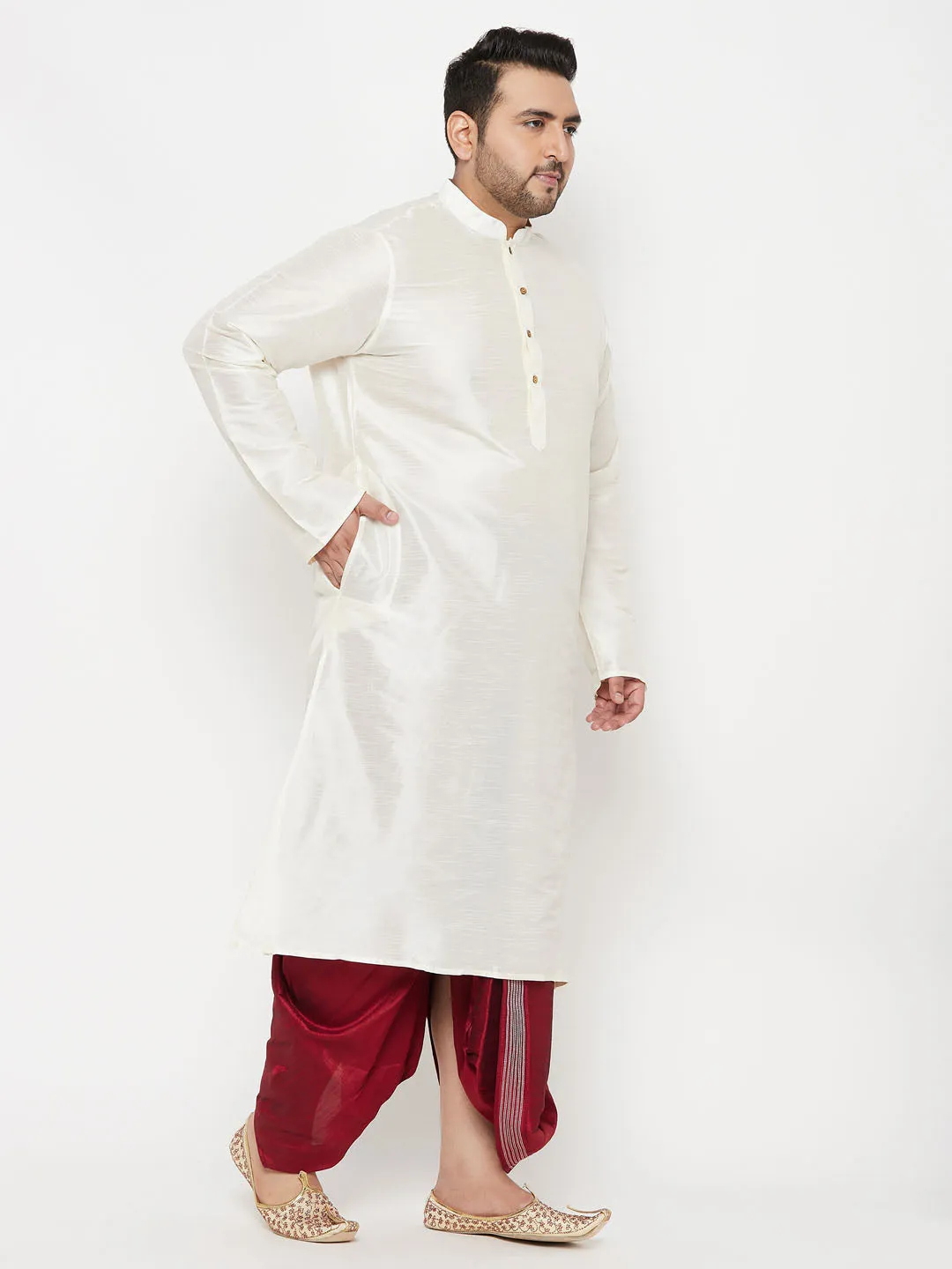 VASTRAMAY Cream Silk Blend Kurta Dhoti Set