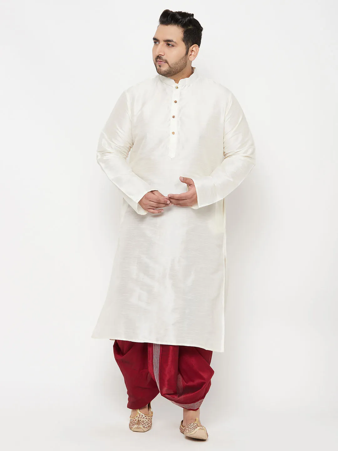 VASTRAMAY Cream Silk Blend Kurta Dhoti Set