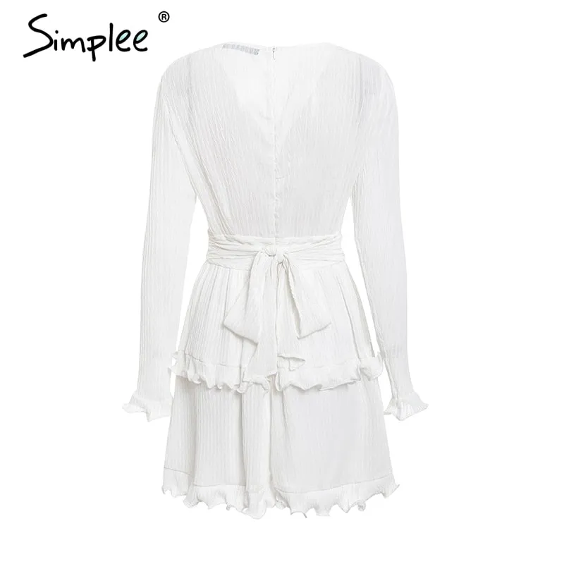 VenusFox Elegant pleated chiffon ruffles white dresses