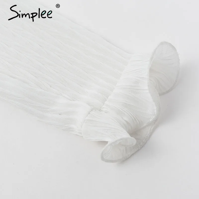 VenusFox Elegant pleated chiffon ruffles white dresses