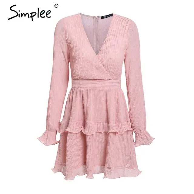 VenusFox Elegant pleated chiffon ruffles white dresses