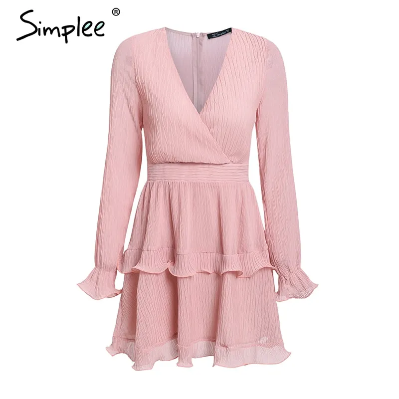 VenusFox Elegant pleated chiffon ruffles white dresses