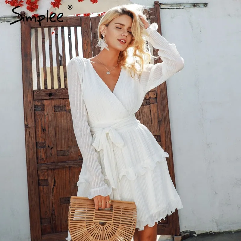 VenusFox Elegant pleated chiffon ruffles white dresses