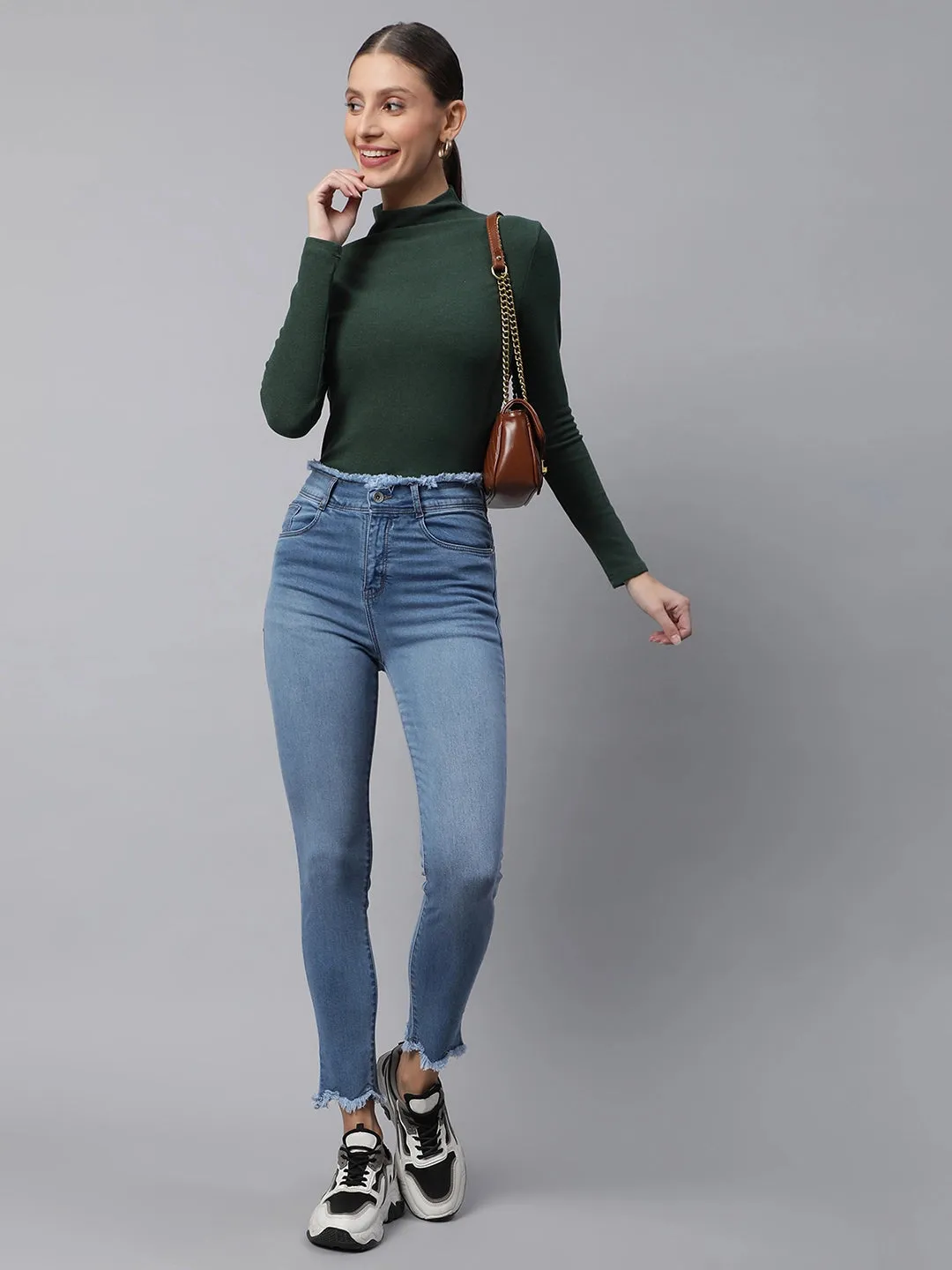 Women Light Blue Fringed Detail Slim Fit High Rise Jeans