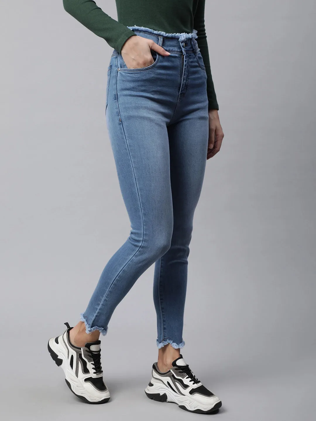 Women Light Blue Fringed Detail Slim Fit High Rise Jeans